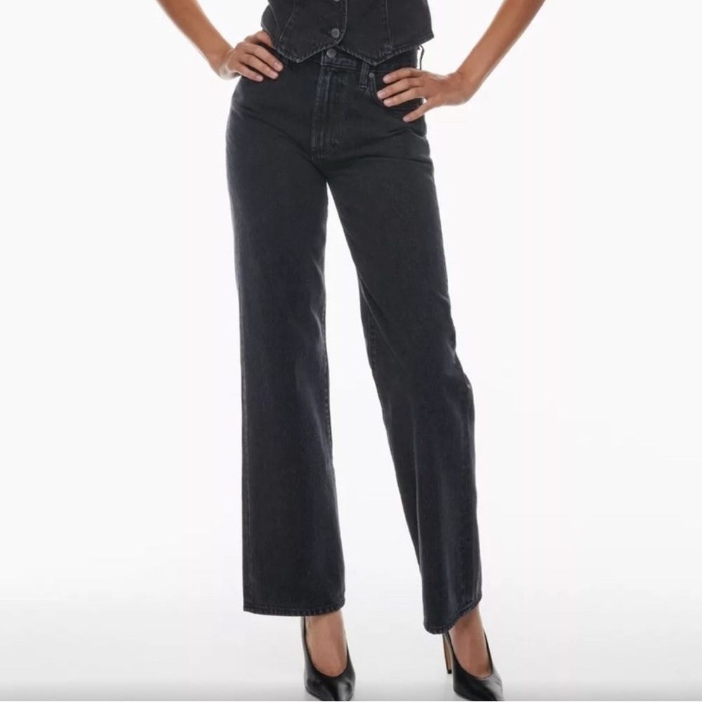 Denim Forum Farrah High Rise Wide Leg washed black jeans size 26